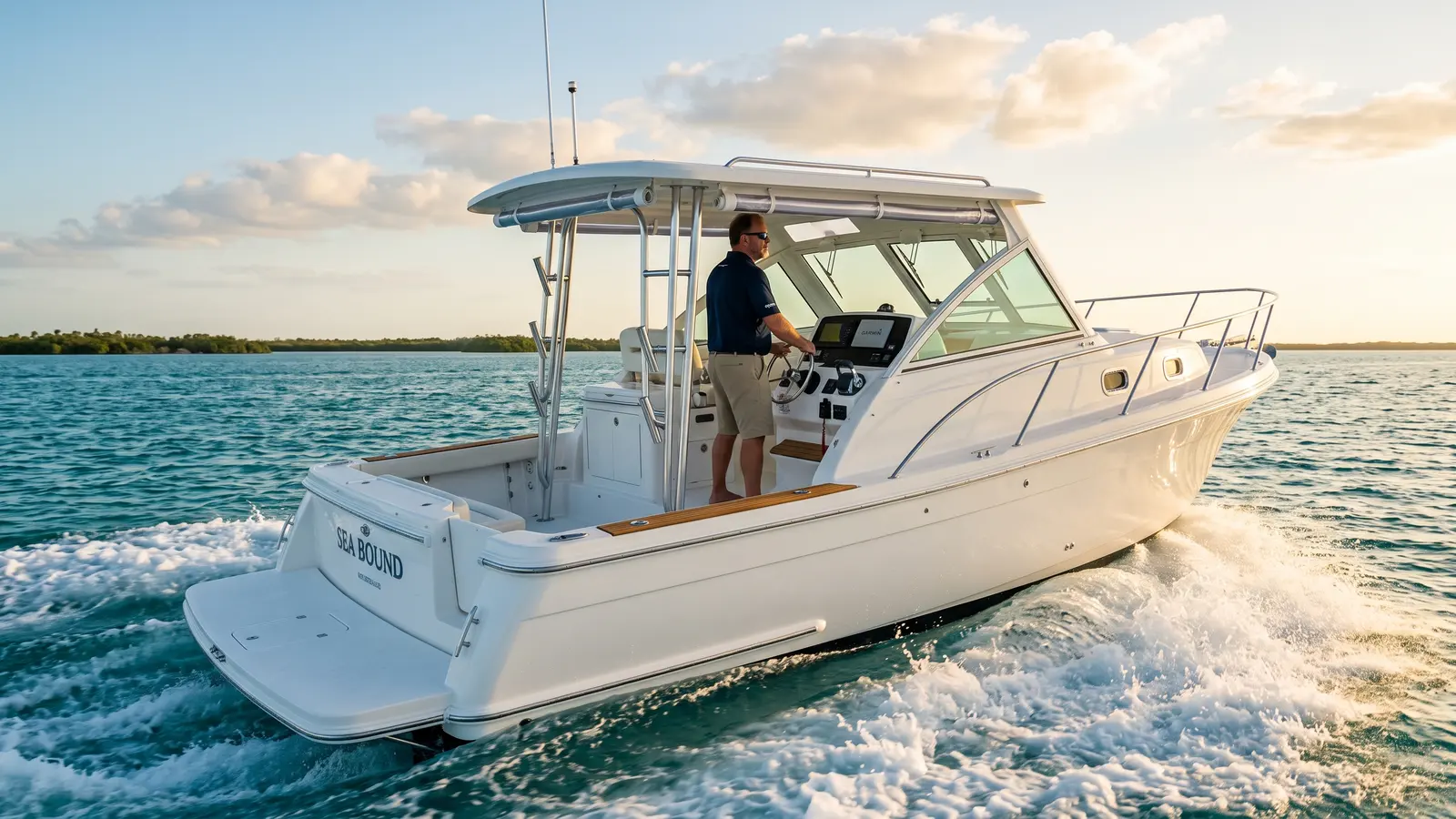 A captain at the helm of an express cruiser under way on a delivery run
