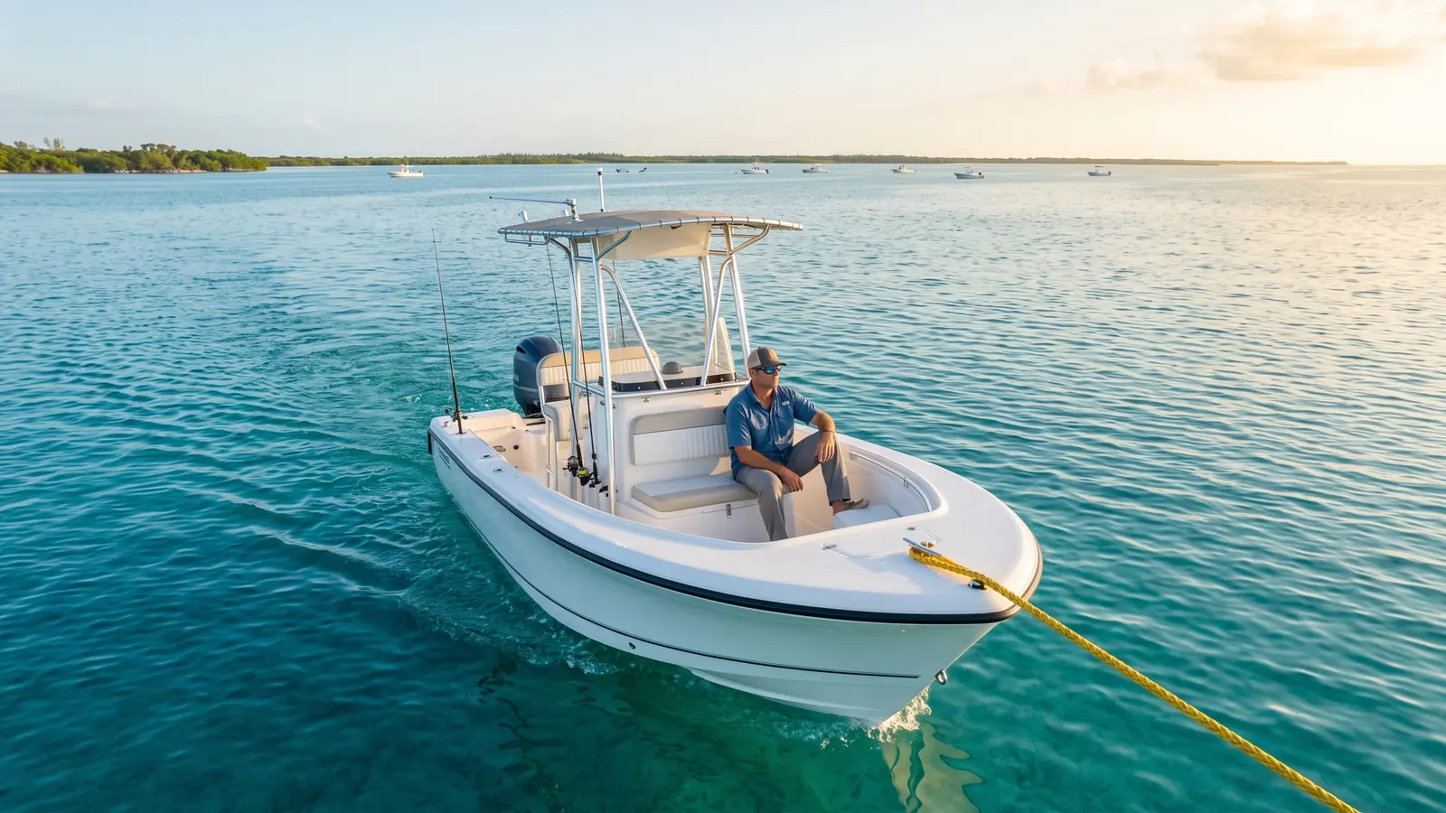 A small boat under tow on calm water