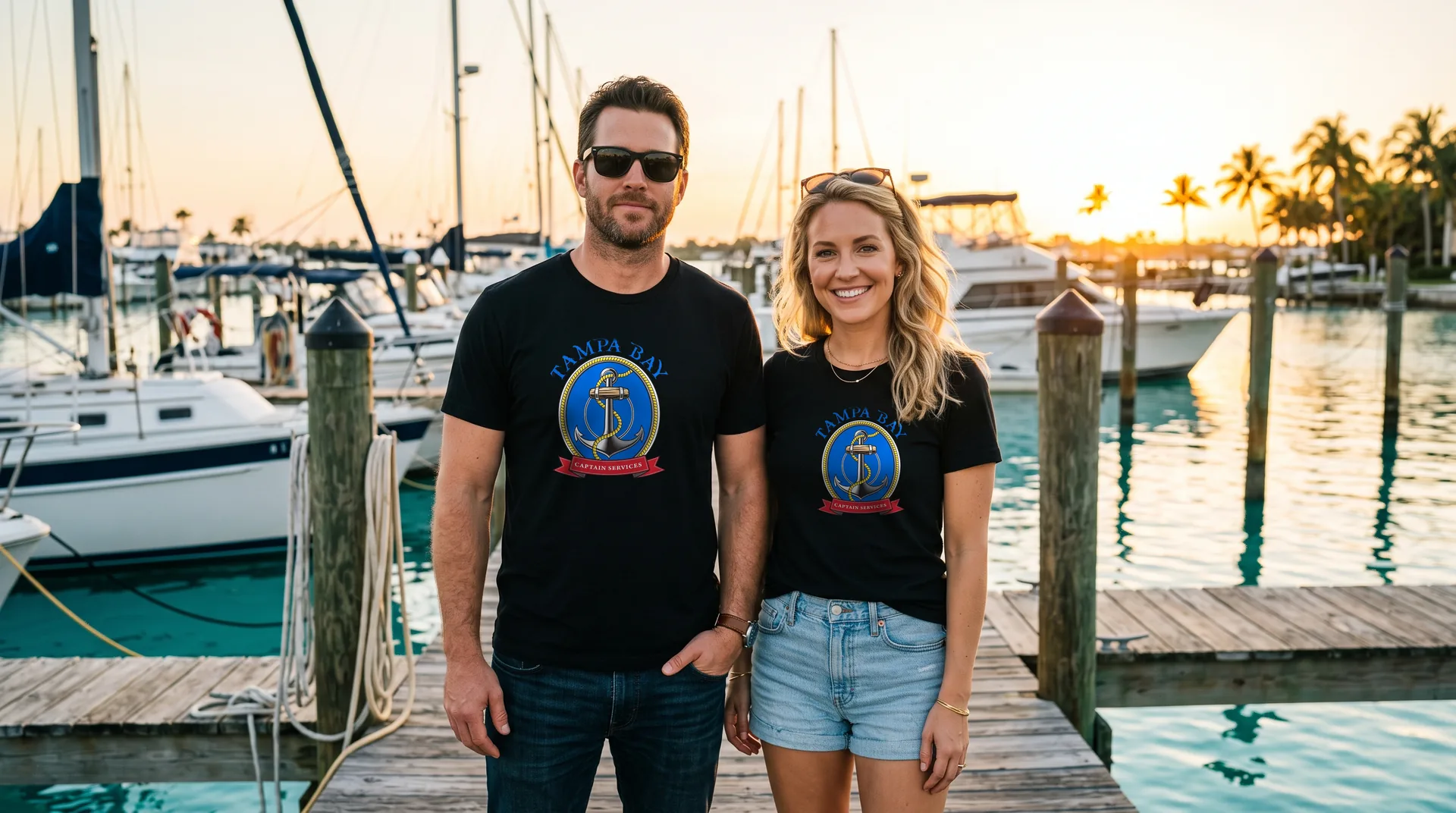 A man and a woman on a marina dock at sunset, both wearing black Tampa Bay Captain Services crest t-shirts