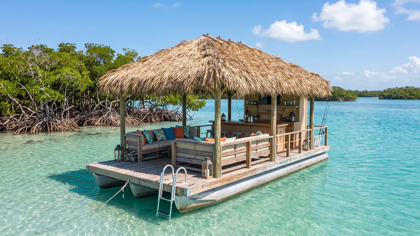 The floating tiki bar anchored off a mangrove key