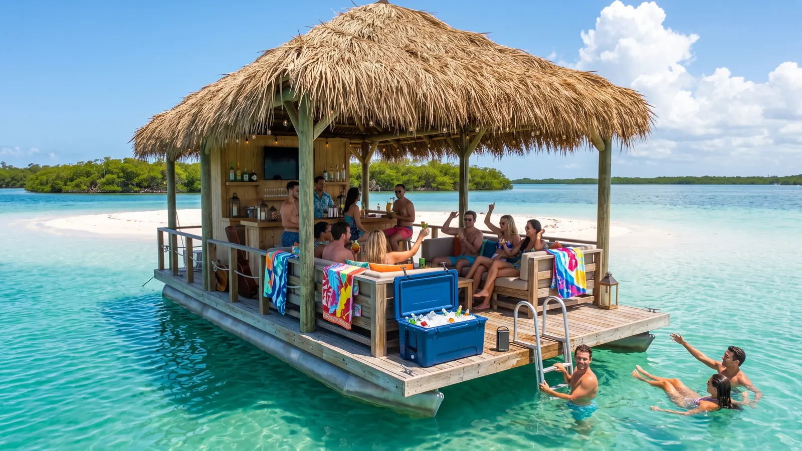 The tiki barge anchored off a sand spit with guests aboard and swimming
